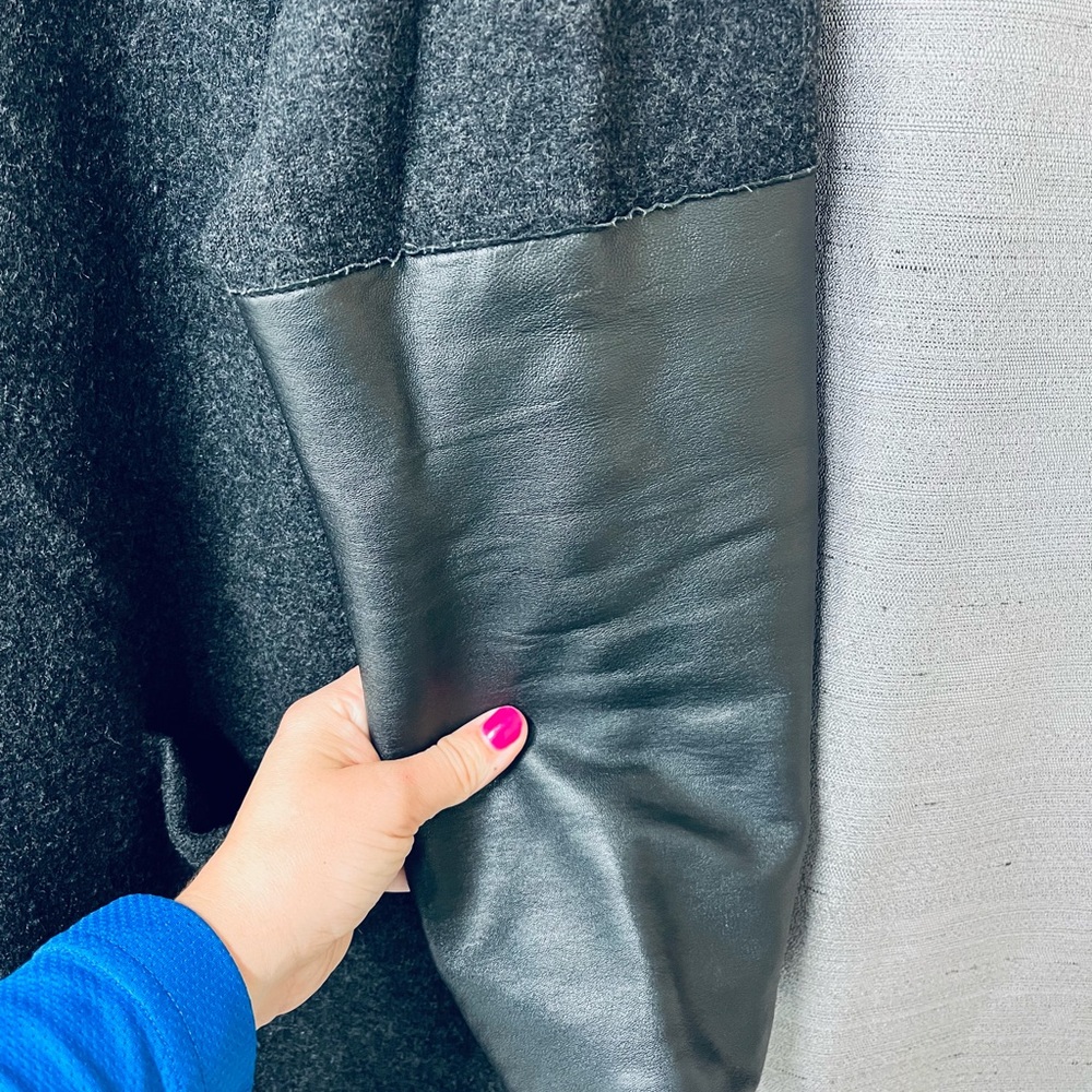 SOLD Eileen Fisher High Neck Black Leather Sleeve Dark Grey Wool Jacket Size XL - Picture 6 of 11